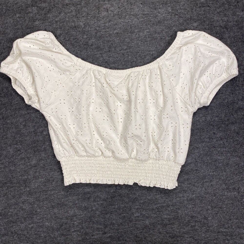 So Brand Women’s Crop Top Size L White Ruffle Elastic Short Sleeve Stretch Boho - Picture 7 of 11